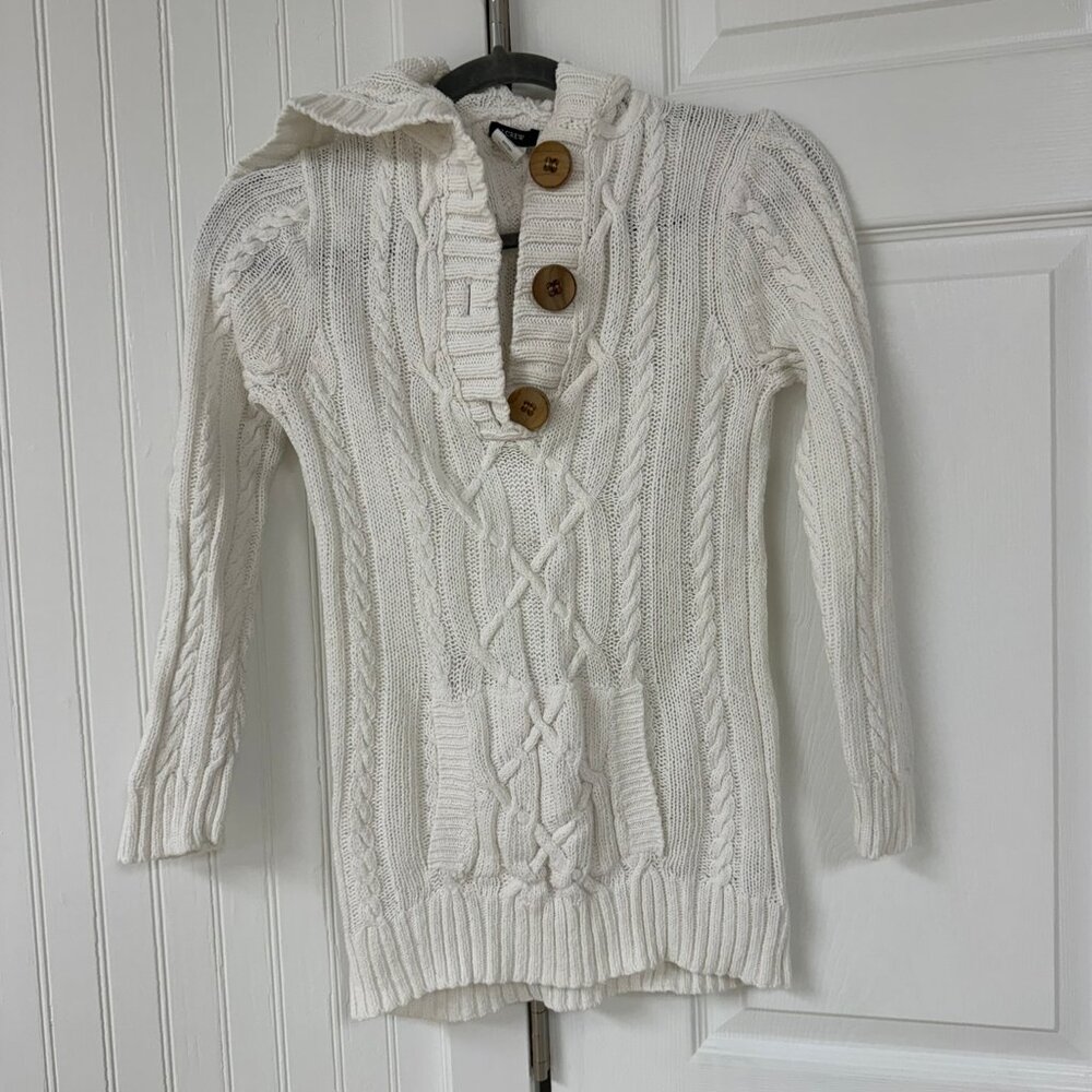 J Crew White Knit Hooded Wood Button Sweater with Pocket - 3/4 Sleeve - Small
